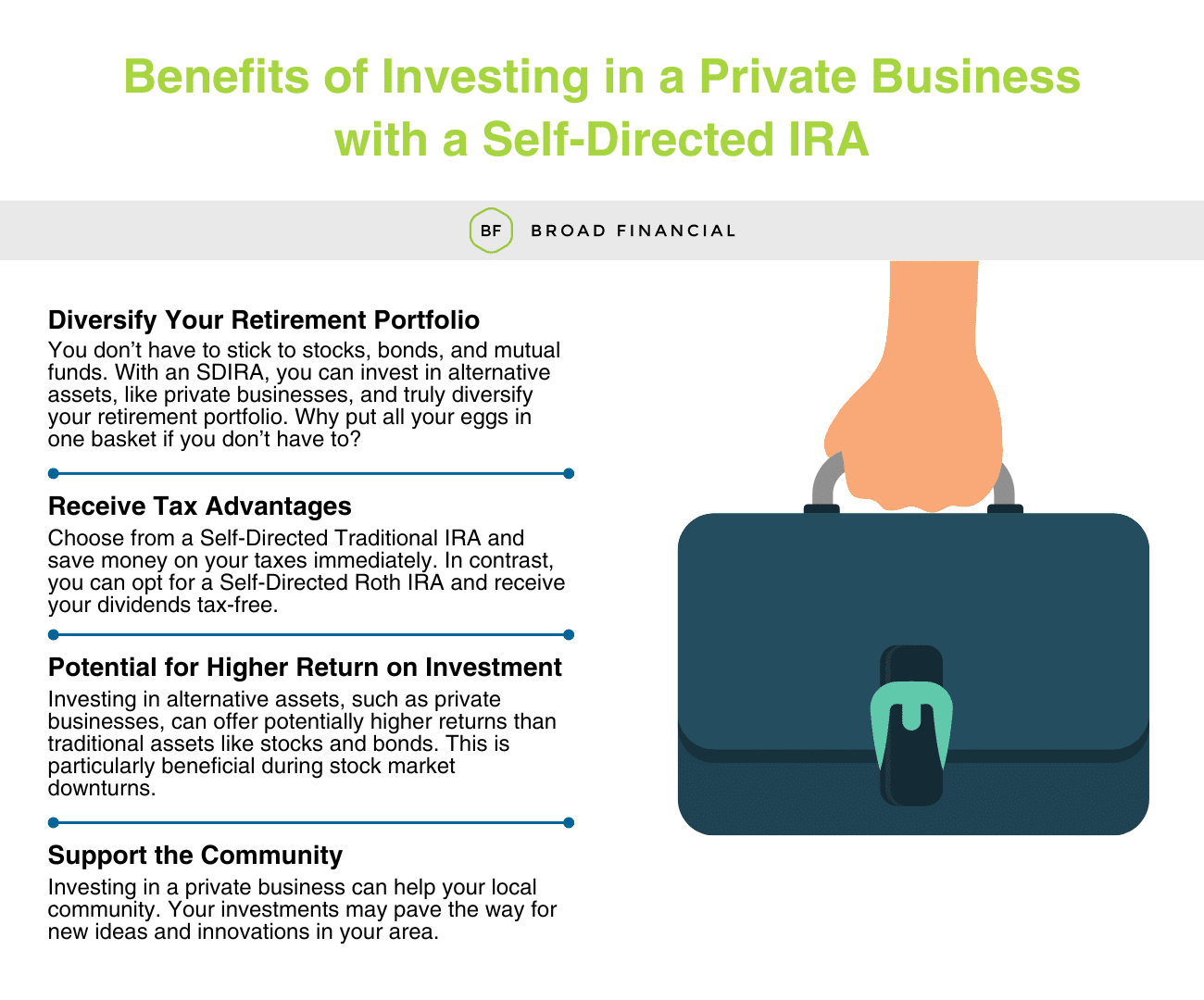 Benefits of Investing in a Private Business with a Self-Directed IRA Infographic: (1) Diversify Your Retirement Portfolio - You don’t have to stick to stocks, bonds, and mutual funds. With an SDIRA, you can invest in alternative assets, like private businesses and truly diversify your retirement portfolio. Why put all your eggs in one basket if you don’t have to? (2) Receive Tax Advantages -
Choose from a Self-Directed Traditional IRA and save money on your taxes immediately. In contrast, you can opt for a Self-Directed Roth IRA and receive your dividends tax-free. (3) Potential for Higher Return on Investment - Investing in alternative assets, such as private businesses, can offer potentially higher returns than traditional assets like stocks and bonds. This is particularly beneficial during stock market downturns. (4) Support the Community - Investing in a private business can help your local community. Your investments may pave the way for new ideas and innovations in your area.