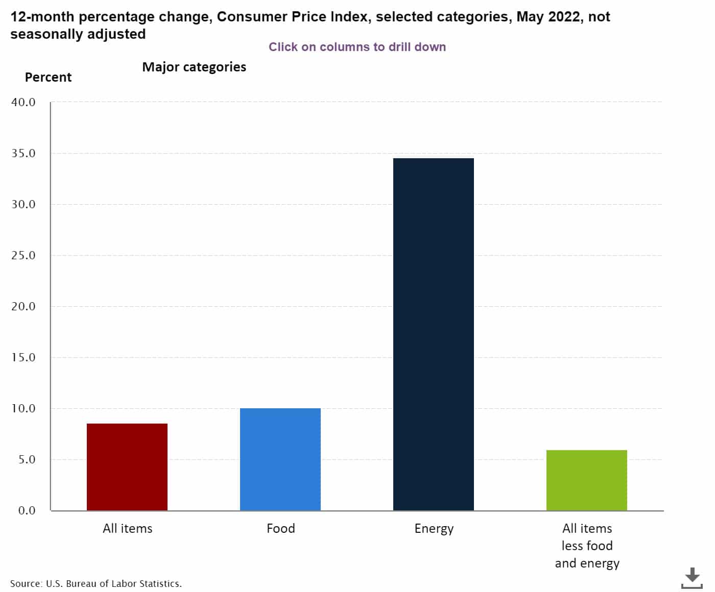Bar Graph Showing an Increase in the Consumer Price Index of Food Prices, Gas Prices, and More.