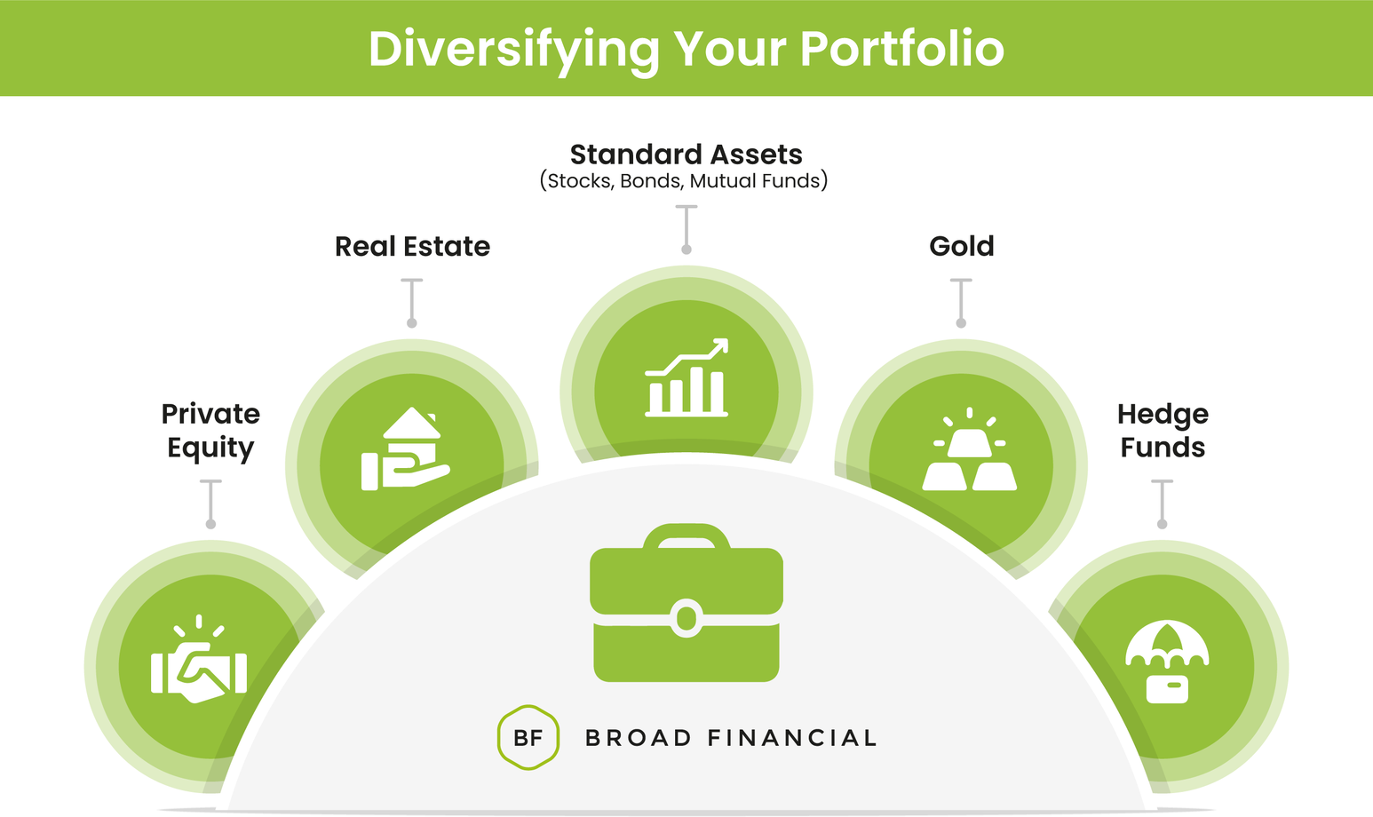 Infographic of a diversified portfolio with private equity, real estate, standard assets (stocks, bonds, mutual funds), gold, and hedge funds.  