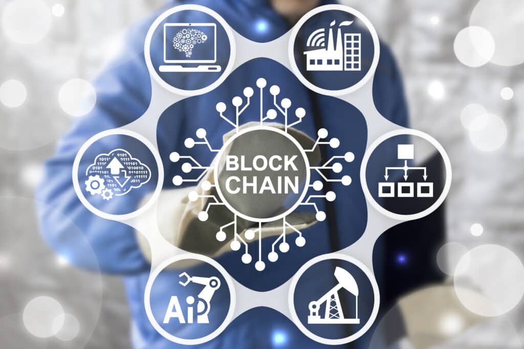 Blockchain Technology icons such as supply chain plant, laptop, security, and Ai – showing the security and efficiency that blockchain technology has to help many different industries. 