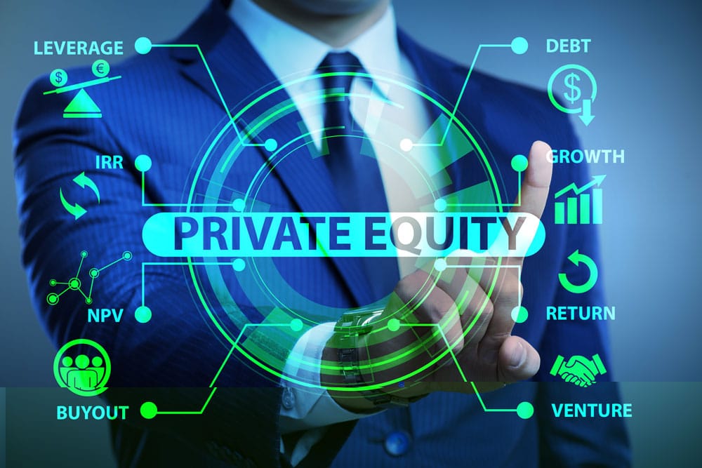 Investor in a suit with the words "private equity" in the middle and "leverage, IRR, NPV, Buyout, Debt, Growth, Return, and Venture" all around it to show that you can invest in private placements with a Self-Directed IRA.